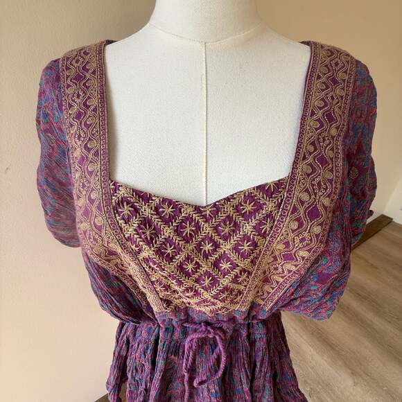 Free People Purple Paisley Embroidered Drawstring Waist Boho Blouse - Picture 3 of 12